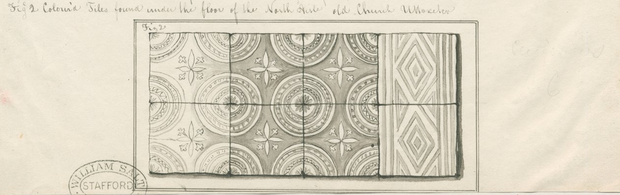 Uttoxeter Church - Färgade plattor hittade under golvet i norra gången: ritning med penna och tvätt, nd [?mitten av 1800-talet] av John Robert Fernyhough