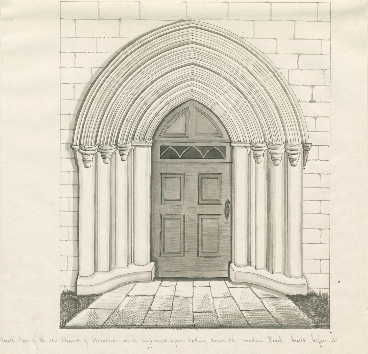 Uttoxeter Church - South Door: ritning med penna och tvätt, och [?mitten av 1800-talet] (ritning) av John Robert Fernyhough
