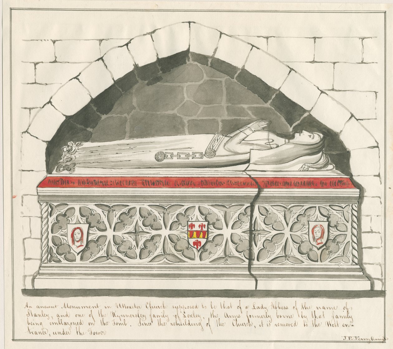 Uttoxeter Church - Tomb of Lady Abbedss of Kynnersley Family: penna och tvättritning, nd [mitten av 1800-talet] av John Robert Fernyhough