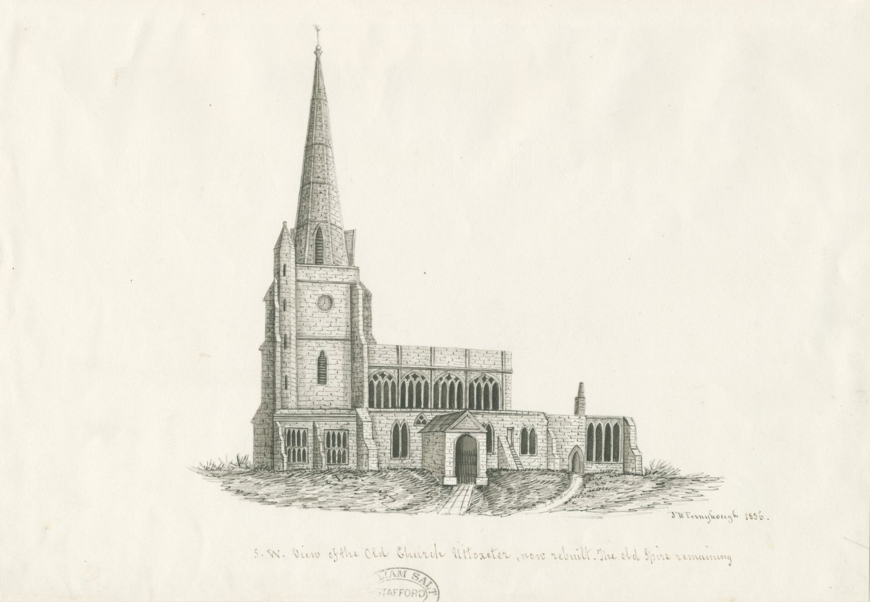Uttoxeter Church [Gammal]: ritning med penna och bläck, 1836 av John Robert Fernyhough
