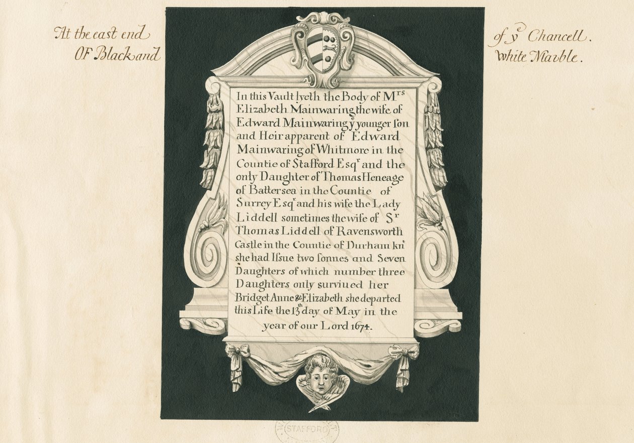 Whitmore Church - Tablet till Mrs Elizabeth Mainwaring: ritning med penna och tvätt, nd [1800-talet] av John Robert Fernyhough
