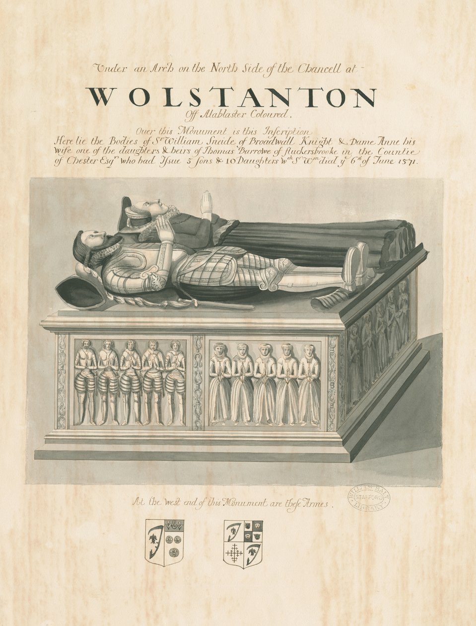 Wolstanton Church - Tomb of Sir William Sneide och Dame Anne: sepia- och pennteckning, nd [?1800-talet] (teckning) av John Robert Fernyhough