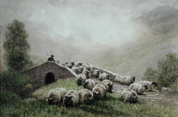 Highland Bridge med herde och flock (akvarell på papper) av John Robert Keitley Duff