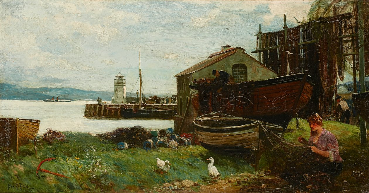 Mending the Nets, Ardrishaig (olja på duk) av John Robertson Reid