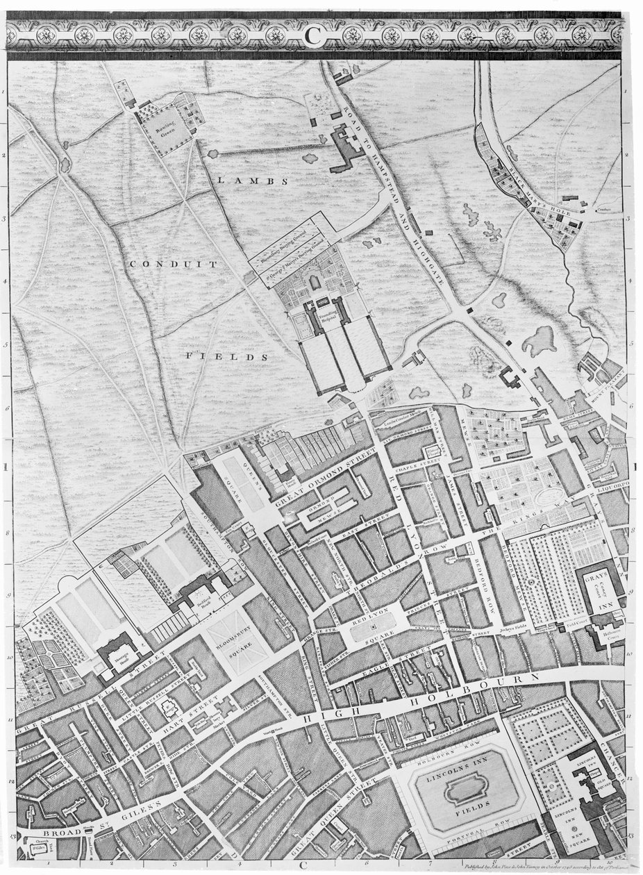 En karta över Bloomsbury och Holborn, London, 1746 av John Rocque