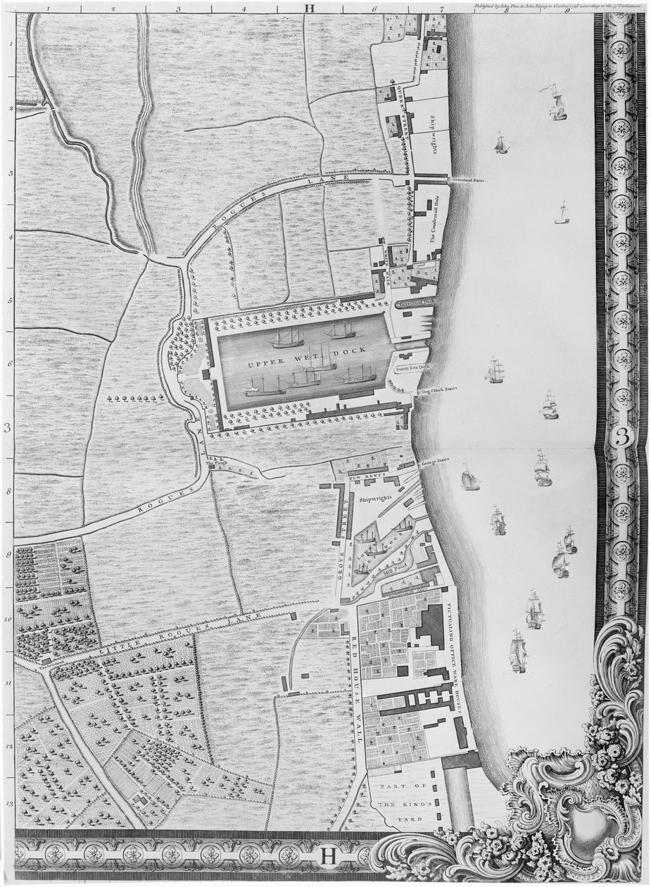 En karta över Lower Rotherhithe Docks, London, 1746 (gravyr) av John Rocque