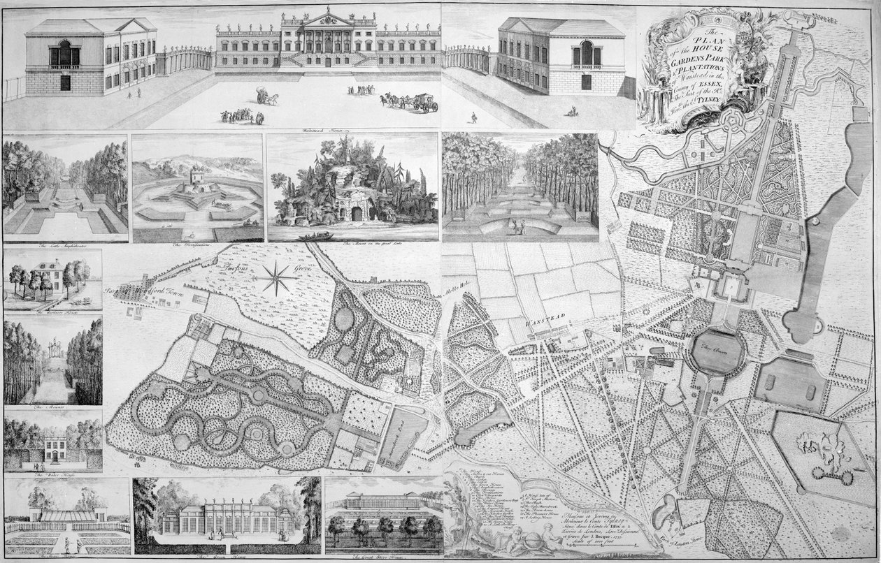 En plan över huset, trädgårdarna, parken och planteringarna i Wanstead, sätet för Earl of Tylney, 1735 av John Rocque