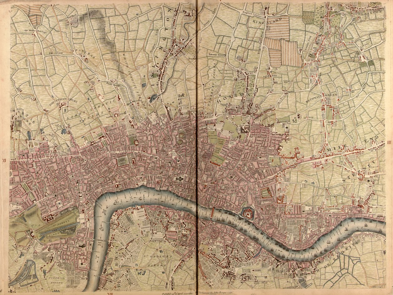 "En exakt kartläggning av städerna London och Westminster, stadsdelen Southwark, med landet nästan tio mil runt", ca 1746 (gravyr) av John Rocque