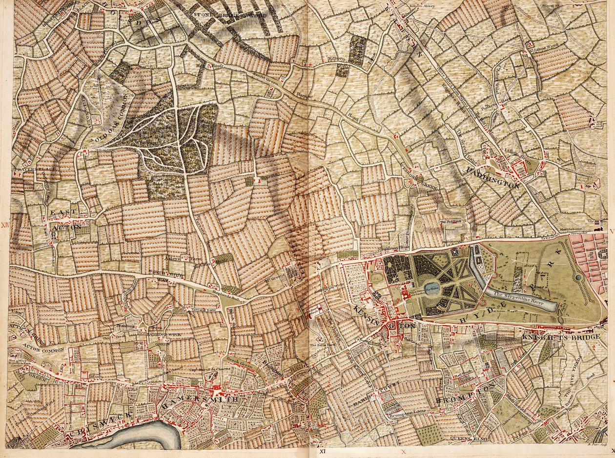 Karta över Acton, Paddington, Hyde Park och Kensington av John Rocque