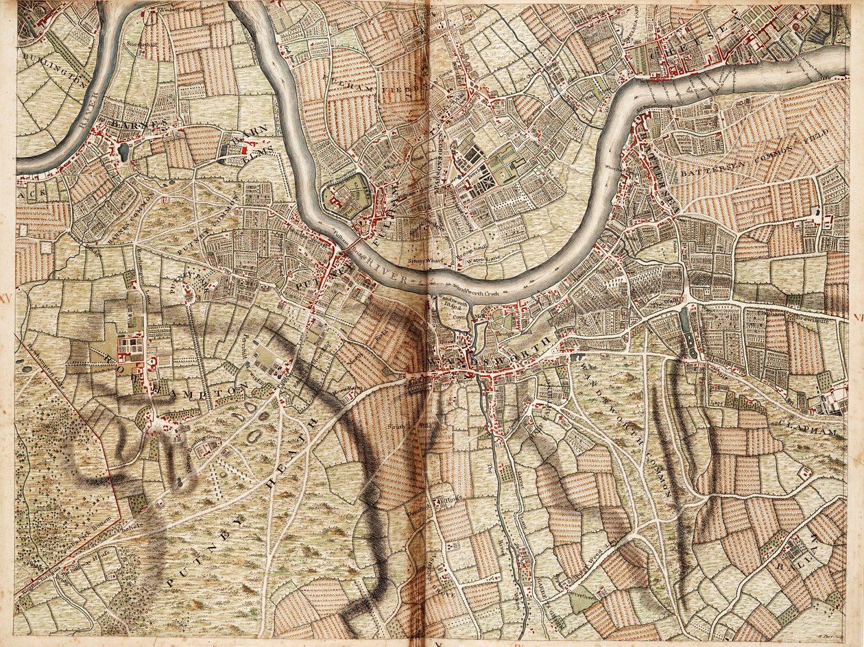 Karta över Barnes, Battersea, Putney och Wandsworth av John Rocque