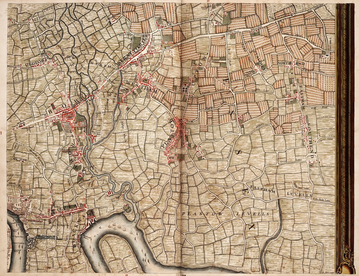 Karta över Bow, Stratford, Blackwall och Plaistow av John Rocque
