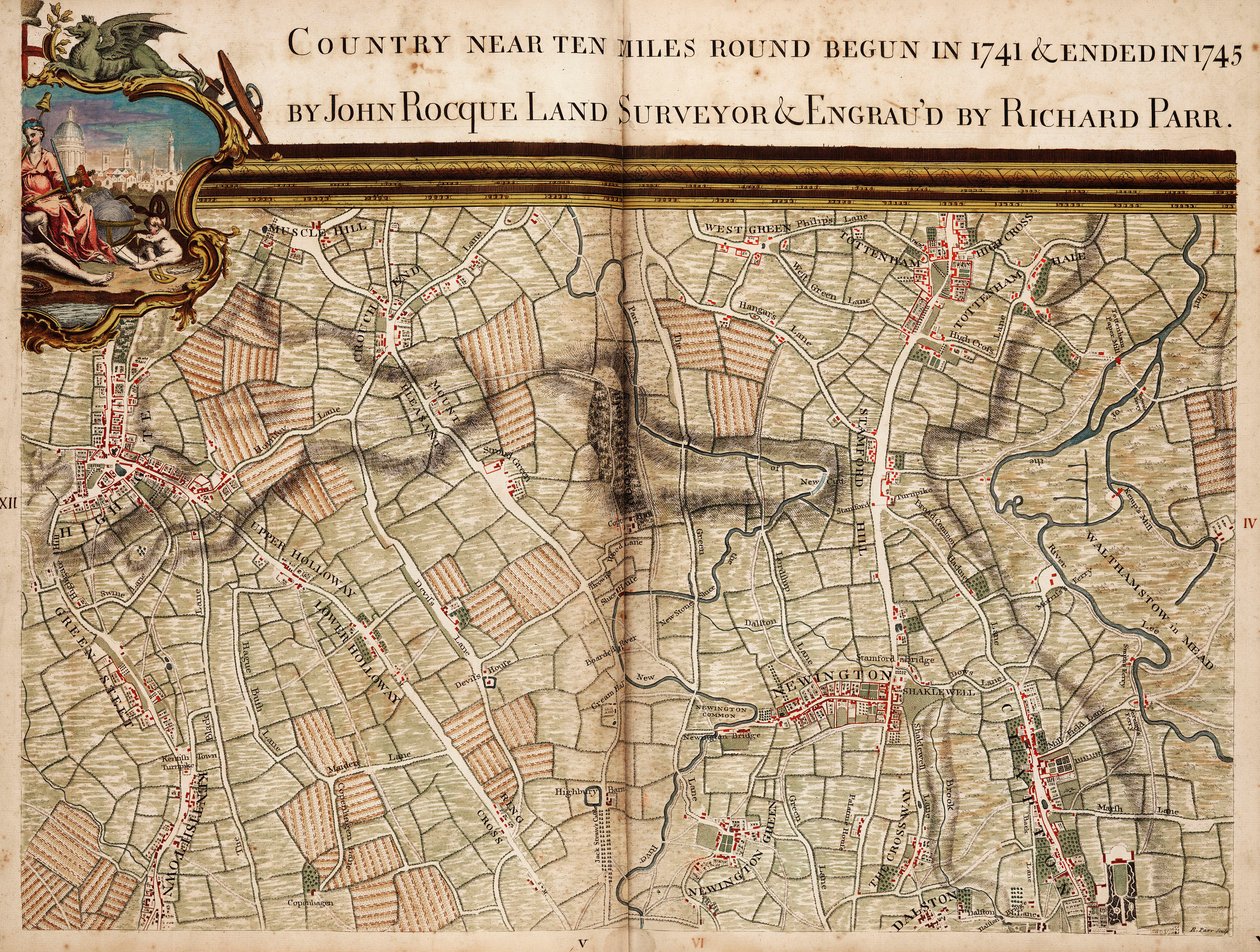 Karta över Highgate, Kentish Town, Holloway, Tottenham och Newington av John Rocque