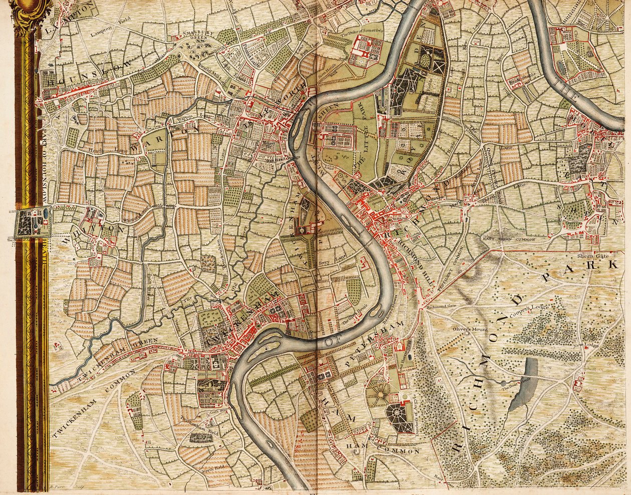 Karta över Hounslow, Twickenham och Richmond av John Rocque