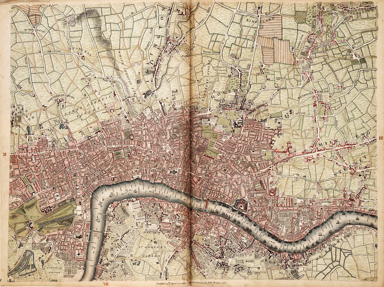 Karta över Islington, Westminster, City och Southwark av John Rocque