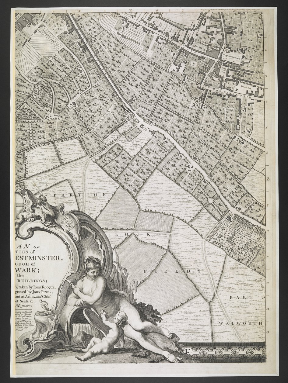 Plan av London, del av Lock fields,  En plan över städerna London och Westminster och stadsdelen Southwark; : med de sammanhängande byggnaderna; Från en faktisk undersökning, / tagen av JOHN ROCQUE, Land-Surveyor, och graverad av John Pine,  John Rocque av John Rocque