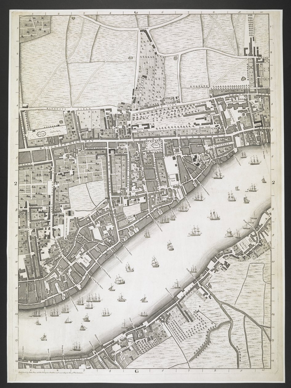 Plan av London, Ratcliff motorväg, Upper Shadwell road,  En plan över städerna London och Westminster och stadsdelen Southwark; : med de sammanhängande byggnaderna; Från en faktisk undersökning, / tagen av JOHN ROCQUE, Land-Surveyor, och graverad av John P av John Rocque