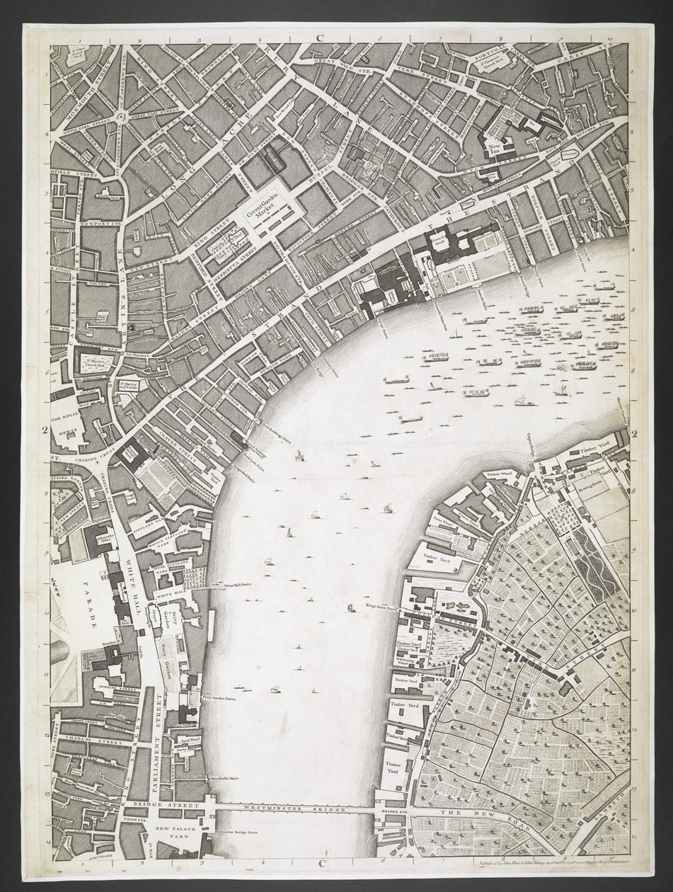 Plan av London, The Strand, Westminster bridge,  En plan över städerna London och Westminster och stadsdelen Southwark; : med de sammanhängande byggnaderna; Från en faktisk undersökning, / tagen av JOHN ROCQUE, Land-Surveyor, och graverad av John Pine,  Jo av John Rocque