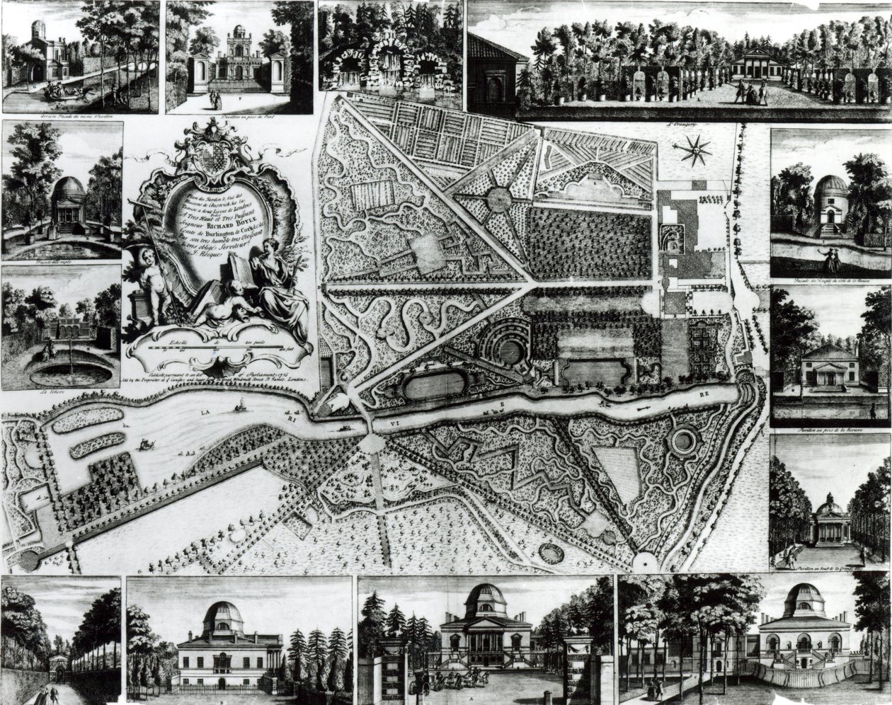 Plan över trädgården och husen i Chiswick vid Themsen av John Rocque