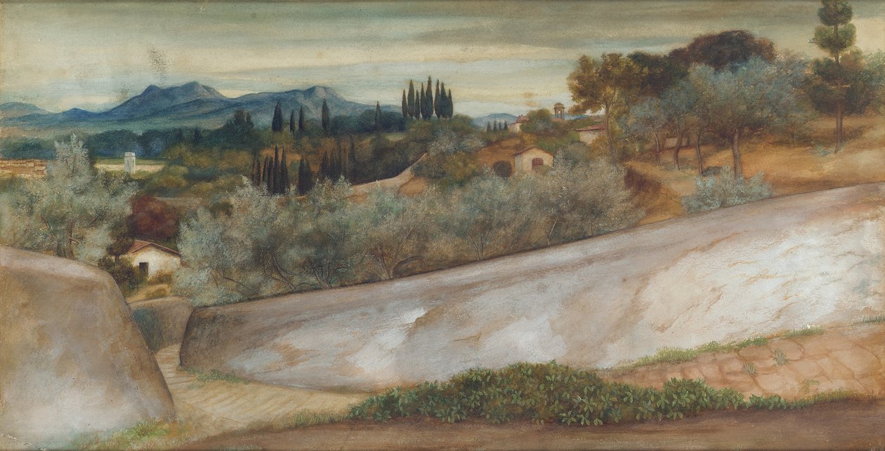 Ett toskanskt landskap med by och olivlund av John Roddam Spencer Stanhope