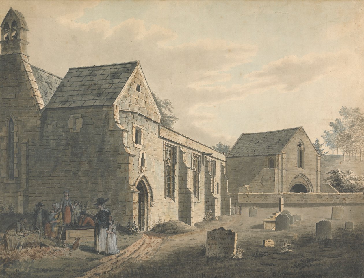 Kyrka, kyrkogård och figurer (The Graveyard) av John Roe of Warwick