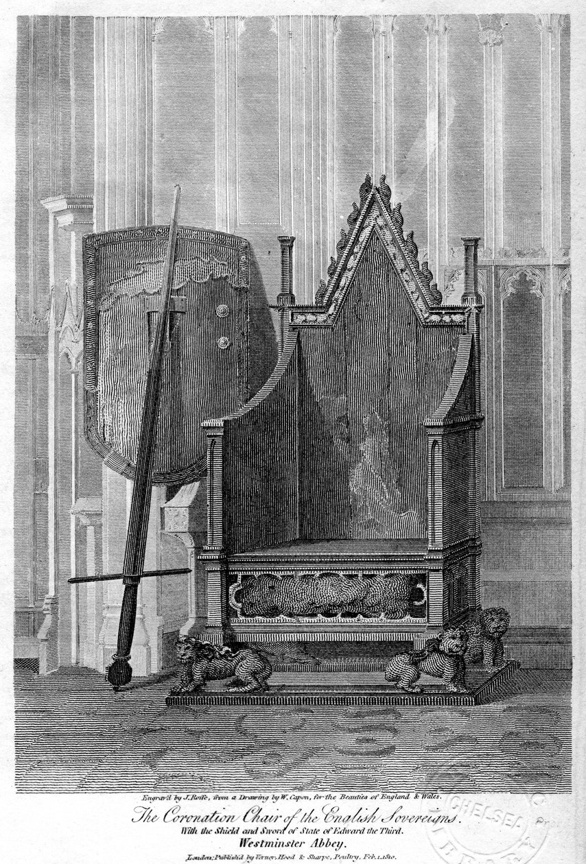 De engelska suveränernas kröningsstol, Westminster Abbey, London, 1810. av John Roffe