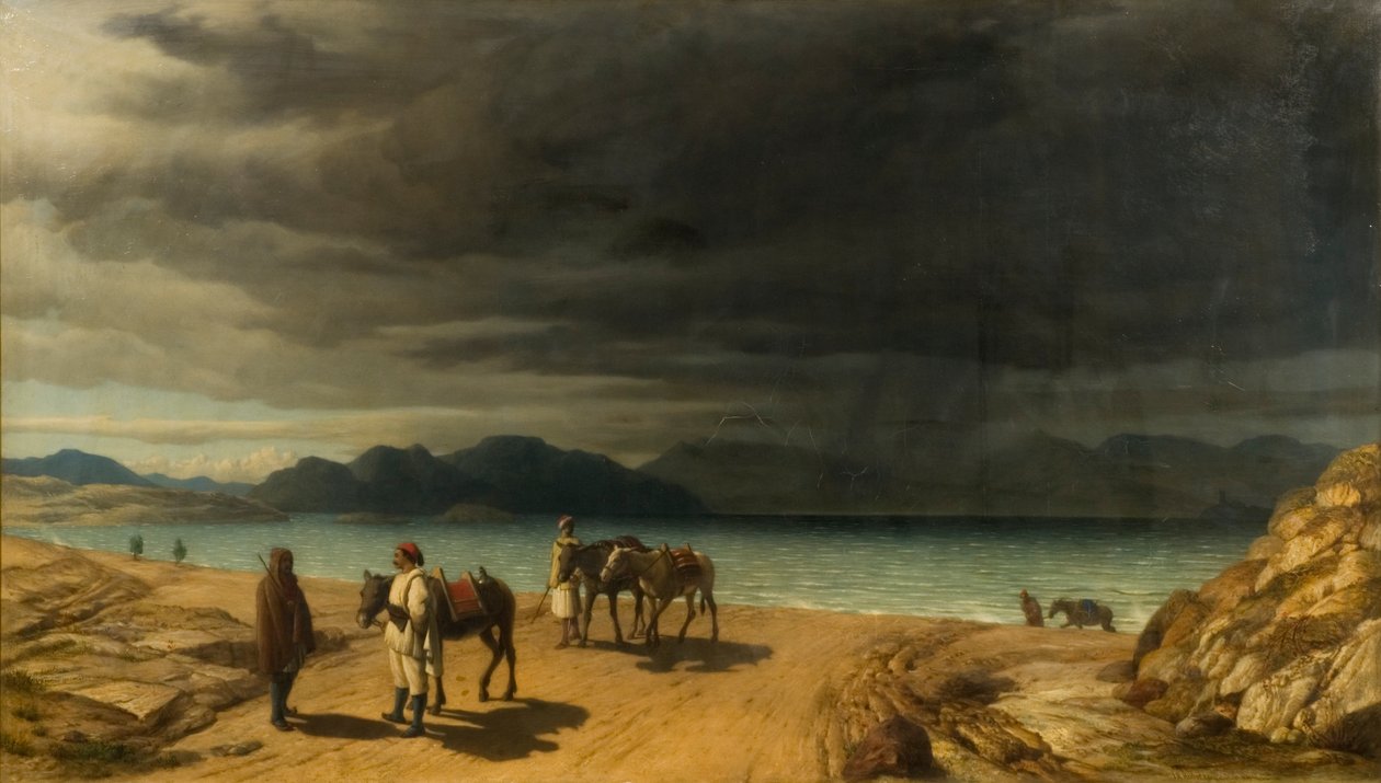 Landskap med sjön och grekiska soldater av John Rogers Herbert