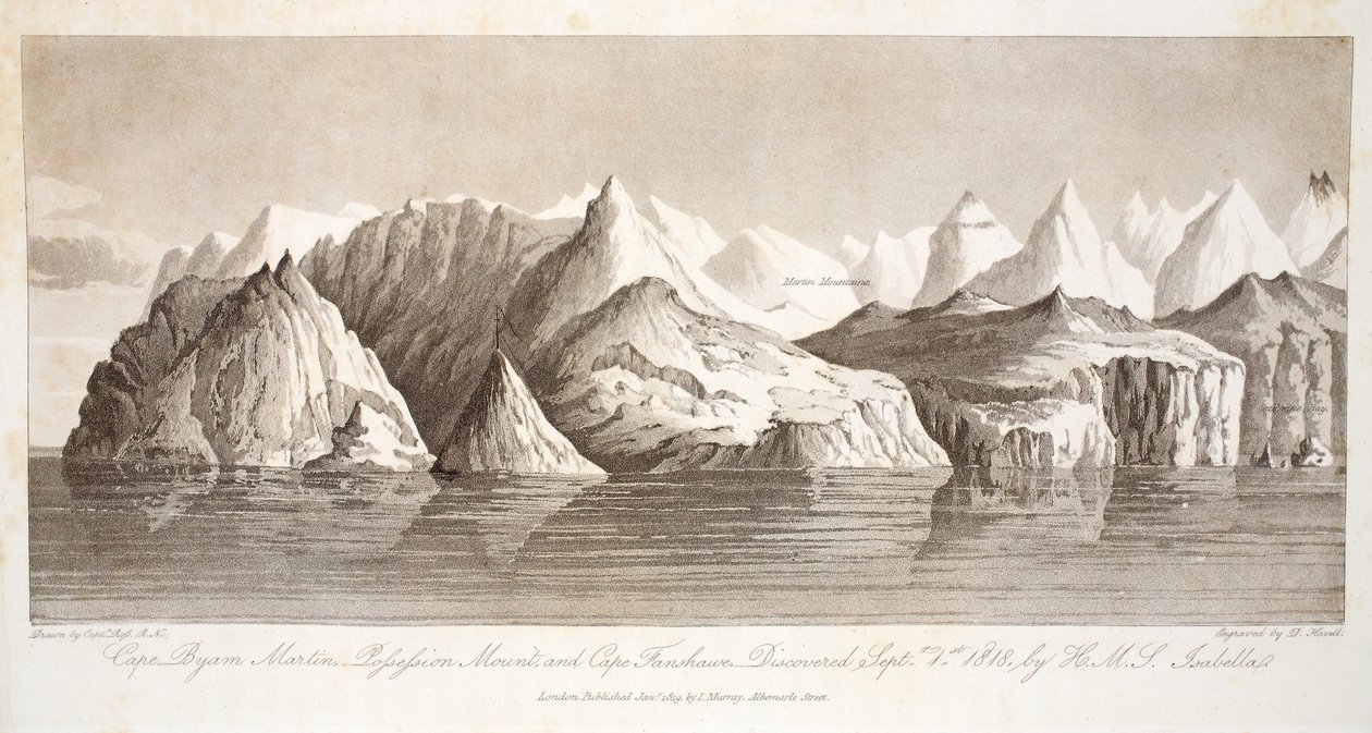 Cape Byam Martin, Pofsefsion Mount och Cape Fanshawe, upptäckt 1 september 1818 av HMS Isabella, illustration från "A Voyage of discovery...", 1819 av John Ross