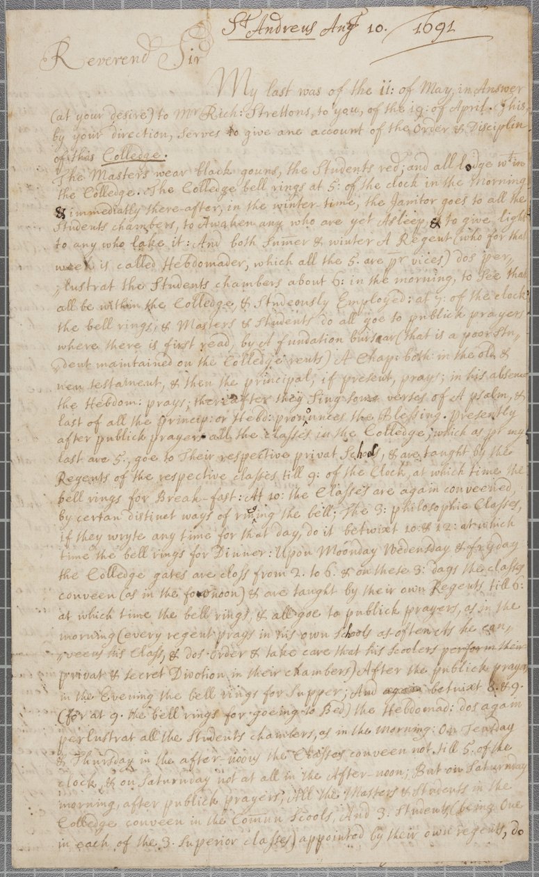 Ett brev från John Row, en student vid St Andrews, till sin farbror, 1691 av John Row