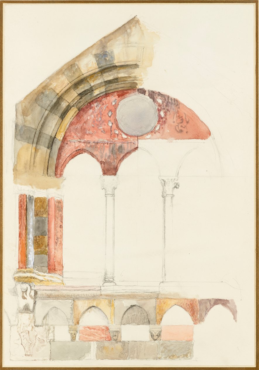A Window of the Broletto, Como: snabb skiss i färg, som visar metod för inläggning av kulor, 1869 av John Ruskin