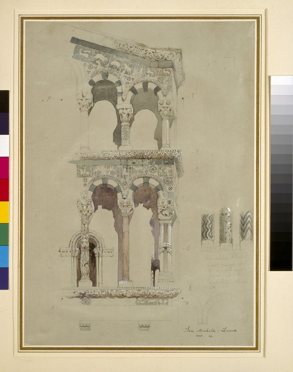 Detalj av fasaden på San Michele i Foro, Lucca, 1845 wc på papper av John Ruskin