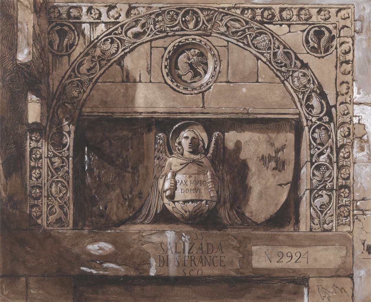 Dörrhuvud till Palazzo Contarini della Porta di Ferro (penna, bläck, tvätt och bc på papper) av John Ruskin