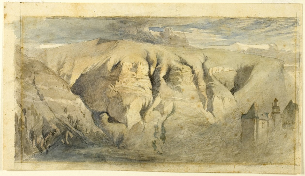 Mont Saleve, ca 1840 (akvarell över grafit på krämfärgat vevat papper, lagd på krämfärgat vevat papper) av John Ruskin