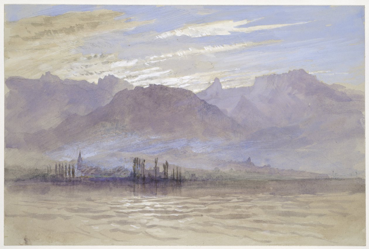 Morgon på våren, med nordostvind, i Vevey, maj - juni 1849 eller 1 maj 1869 (akvarell och kroppsfärg över grafit på ljusgrått vävt papper) av John Ruskin