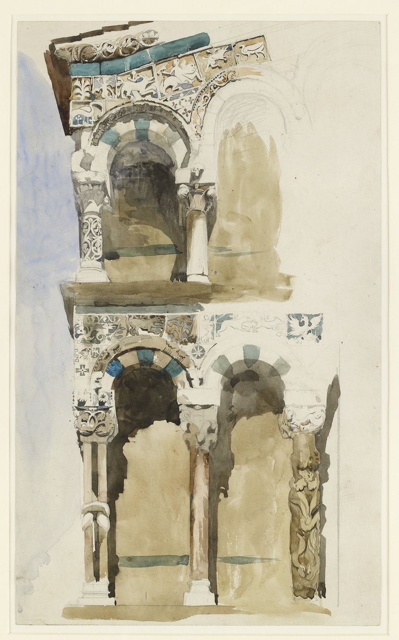 Del av fasaden på den förstörda kyrkan San Michele in Foro, Lucca, skisserad i färg 30 juni-1 juli 1846 (akvarell över grafit på papper) av John Ruskin