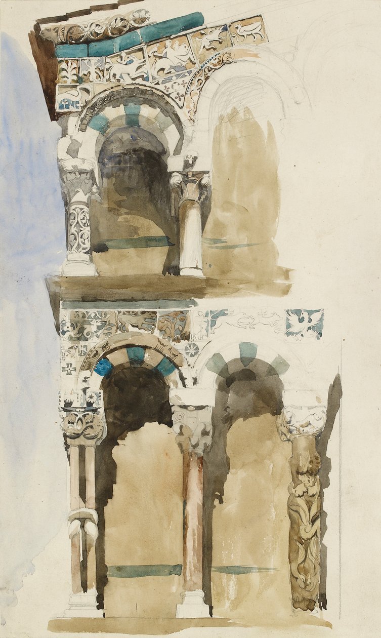 En del av fasaden av den förstörda kyrkan San Michele i Foro, Lucca, 1846 av John Ruskin