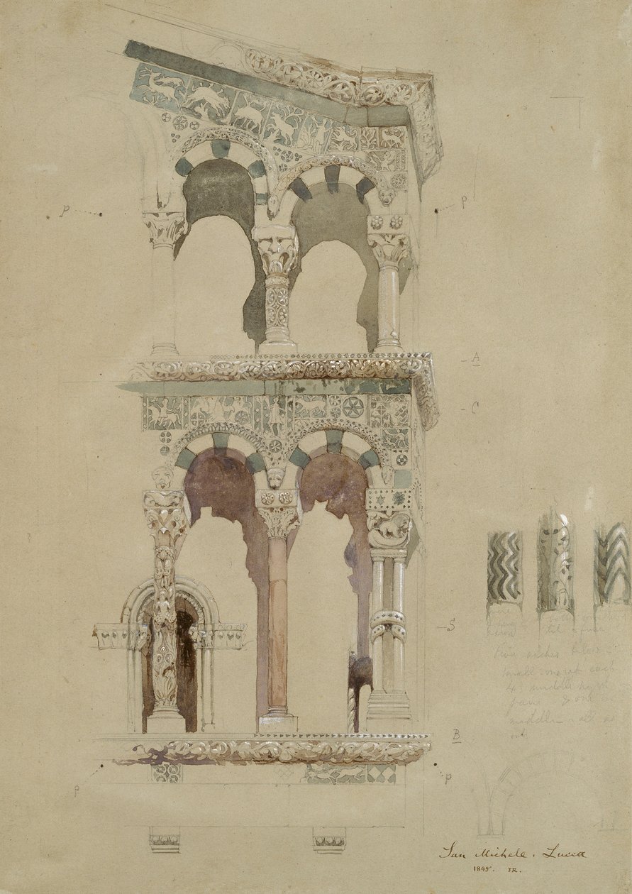 En del av fasaden på den förstörda kyrkan San Michele i Foro, Lucca, som den såg ut 1845, Ma av John Ruskin