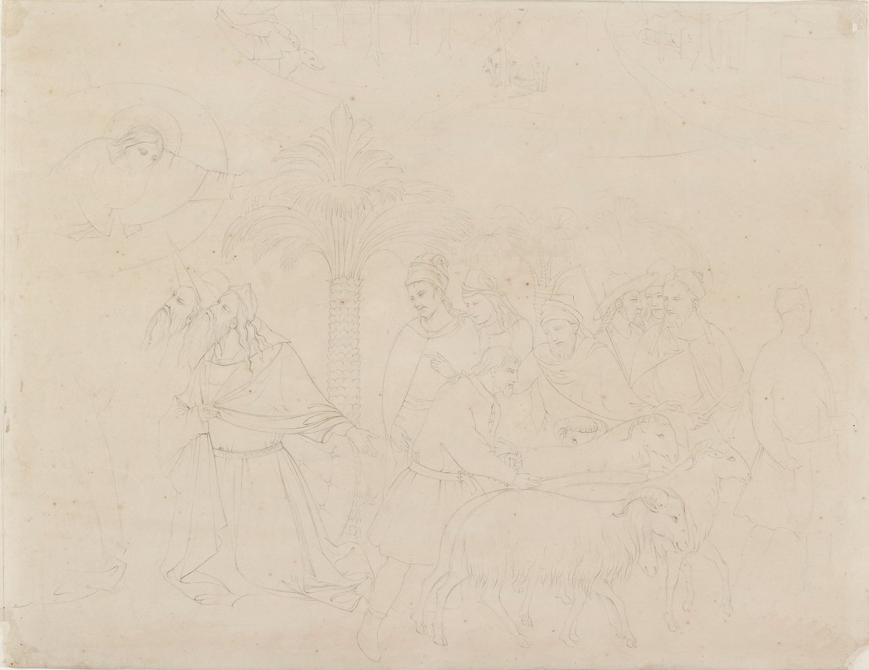Pennkontur av en del av fresken av "Jobs vänner", 1845 av John Ruskin