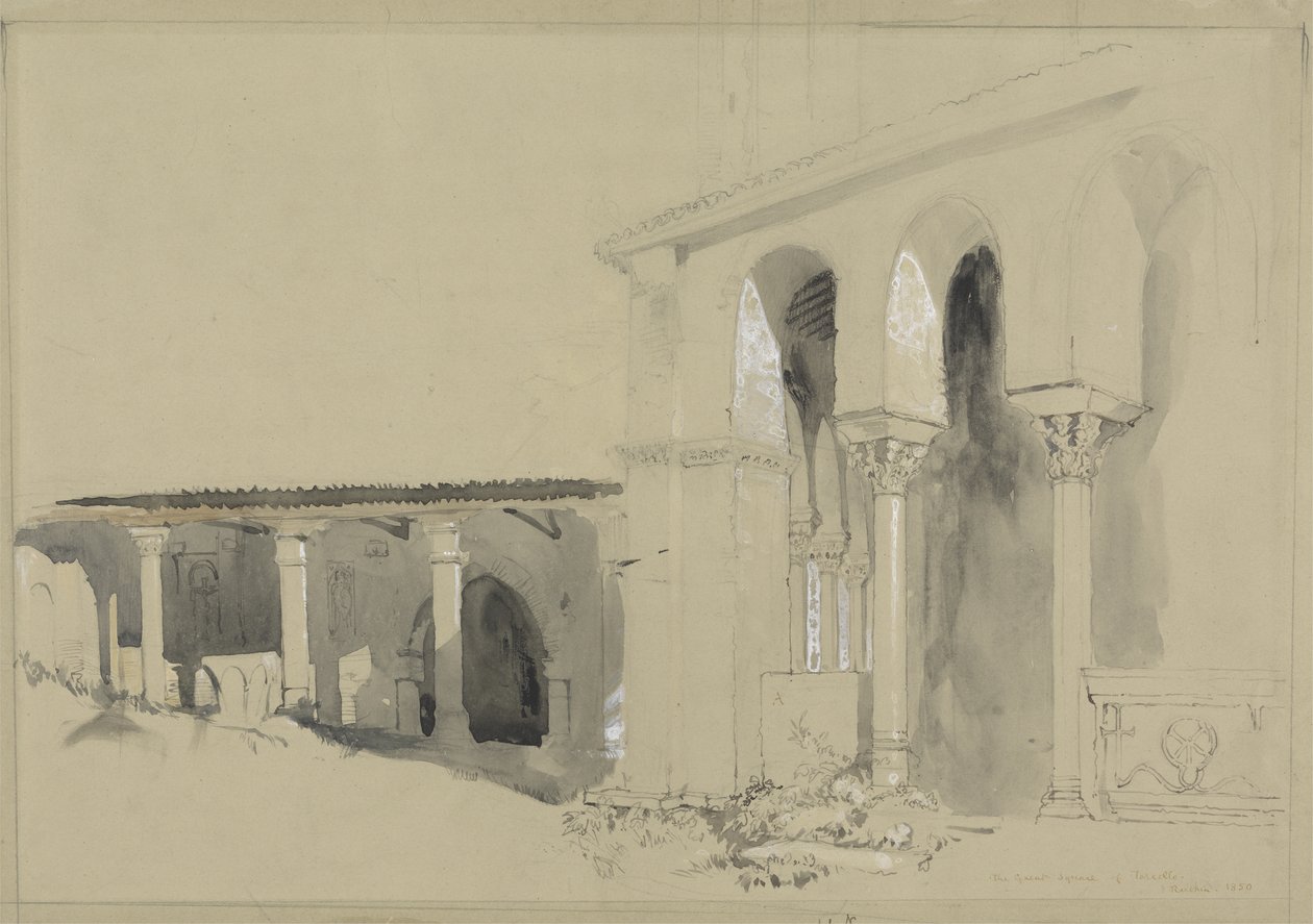The Great Square at Torcello, 1850 (penna, bläck och skölj över grafit med gouache på brunt vävt papper) av John Ruskin