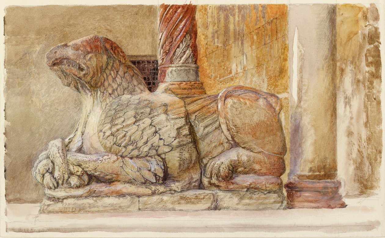 Gryphon som bär norra skaftet i väster Ingången till Duomo, Verona, 18-28 juni 1869 av John Ruskin