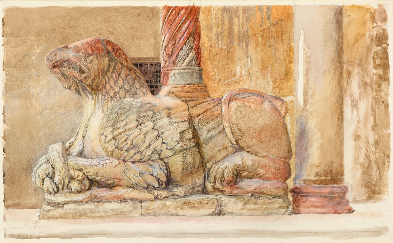 Gryphon som bär norra skaftet i västra Ingången till Duomo, Verona, 18 - 28 juni 1869. av John Ruskin