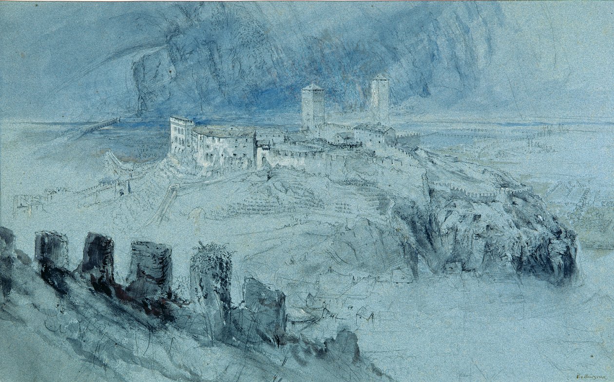 Utsikt över Bellinzona (kol och wc-tvätt på papper) av John Ruskin