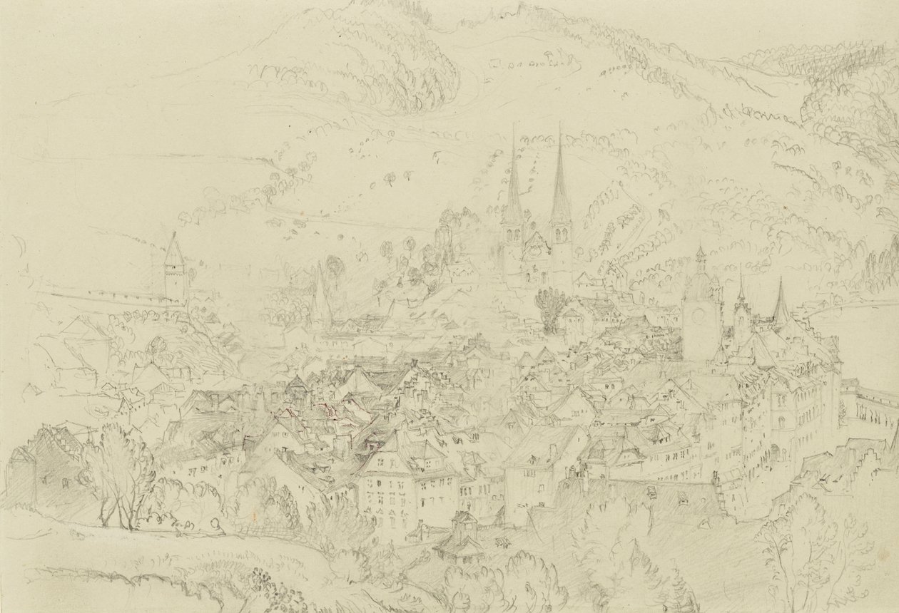 Vy över Luzern från ovan, oktober-december 1861 (grafit med inslag av penna och bläck på ljusgrått vävt papper) av John Ruskin