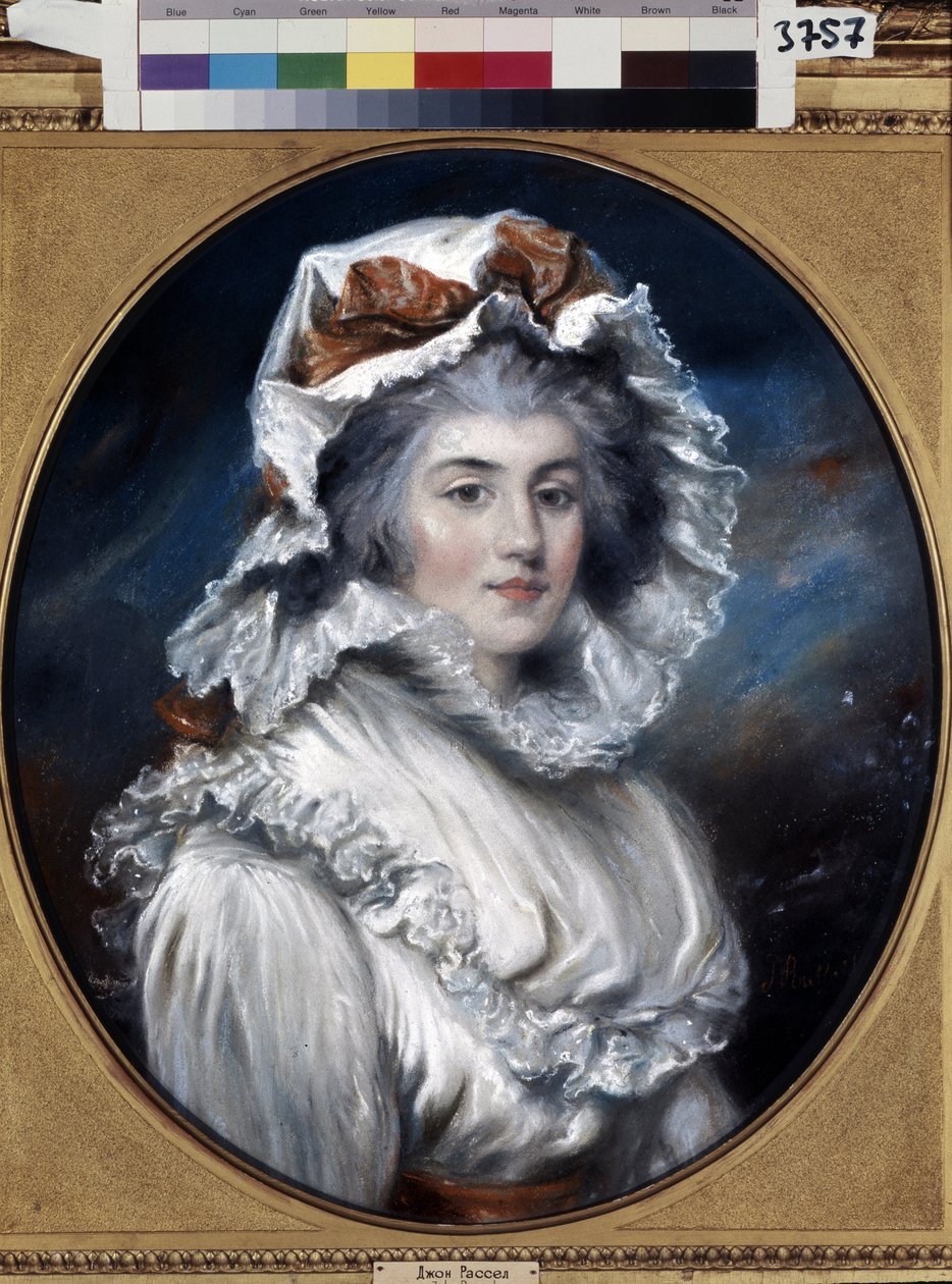Porträtt av en ung kvinna med en keps (Porträtt av en flicka i en keps). Teckning av John Russell (1745-1806). Pastell på papper, andra hälften av 1700-talet. Engelsk konst från 1700-talet. Eremitagemuseet, Sankt Petersburg. av John Russel