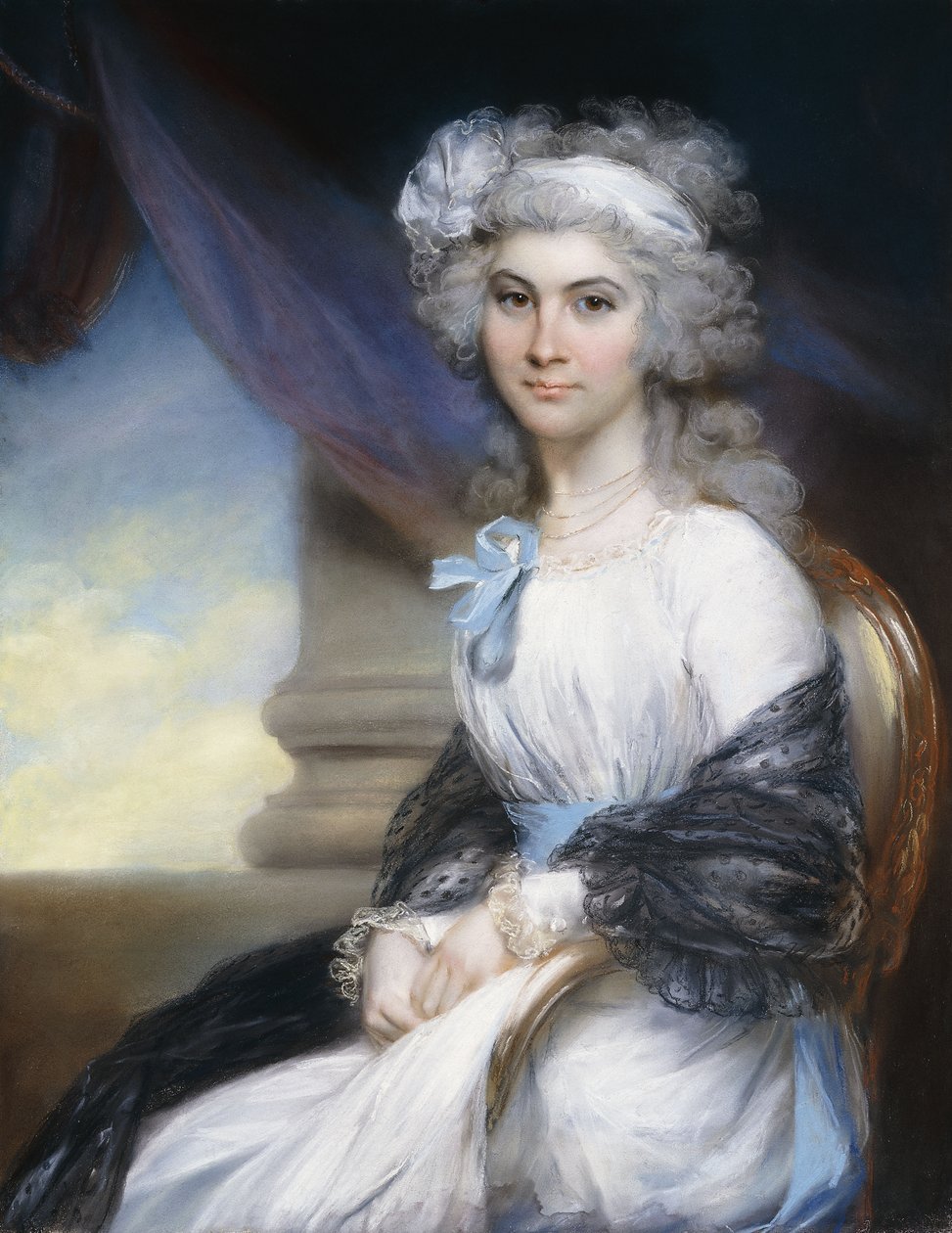 Porträtt av fröken Sophia Vansittart, tre fjärdedels längd, iklädd en vit klänning med ett vitt band om sitt pudrade hår och en svart sjal draperad om hennes axlar, sittande bredvid en klassisk kolumn, av John Russell
