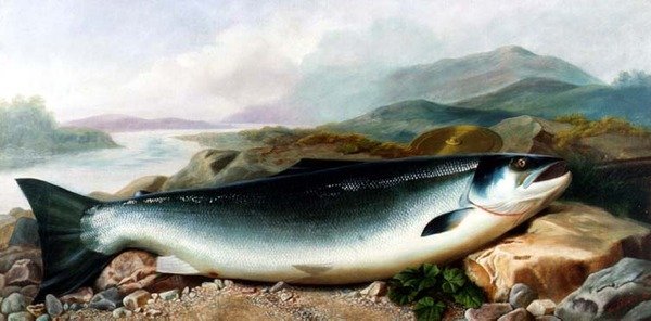 Stilleben av en lax på en flodstrand i ett bergigt landskap av John Russell