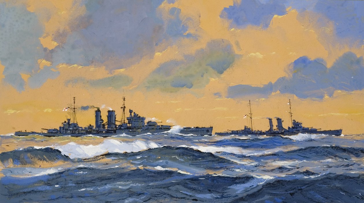 De brittiska kryssarna HMS Exeter och HMS York (gouache på papper) av John S. Smith