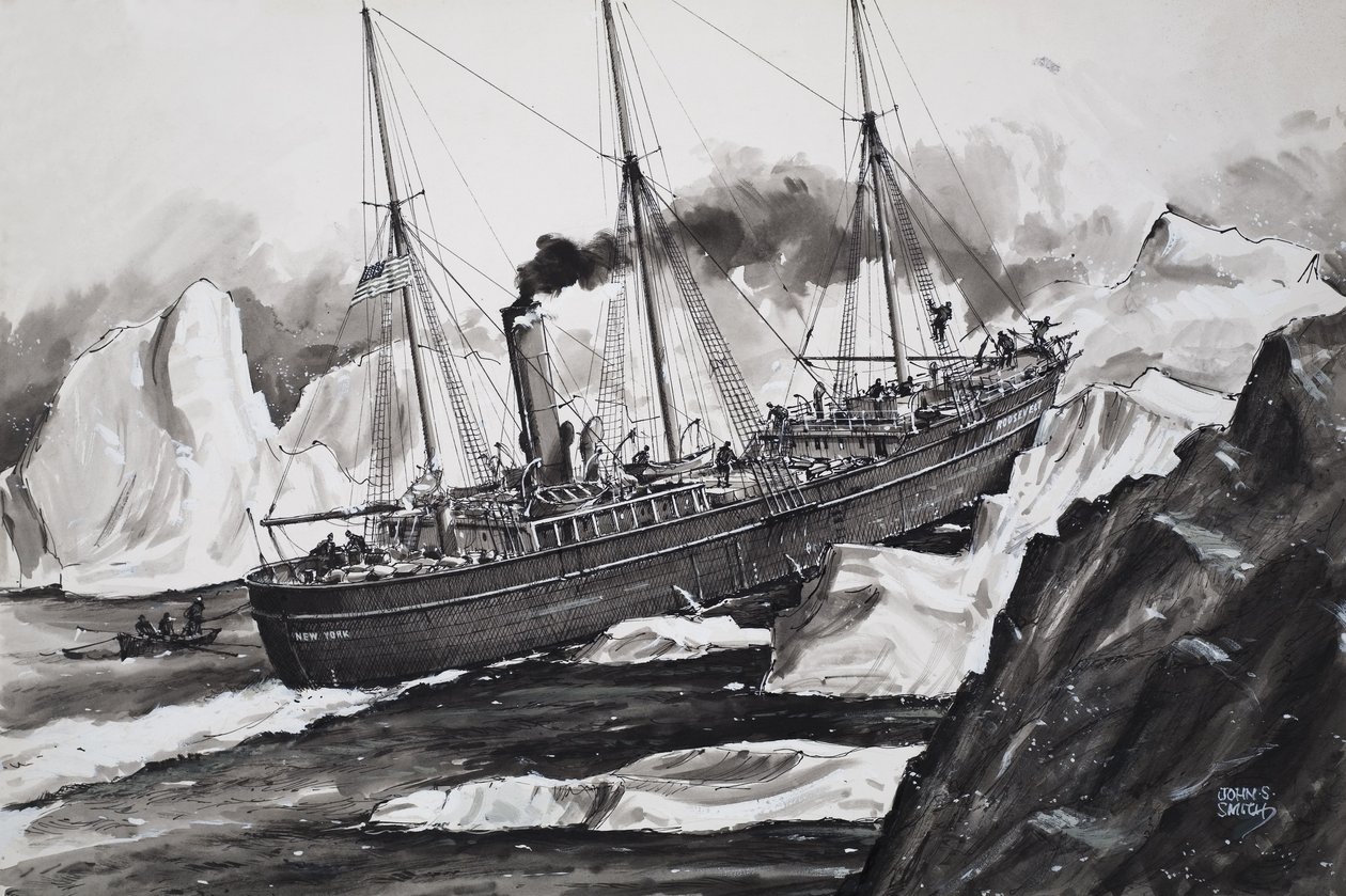 Roosevelt bryter sig igenom isen för att ta sig till Nordpolen (gouache på papper) av John S. Smith