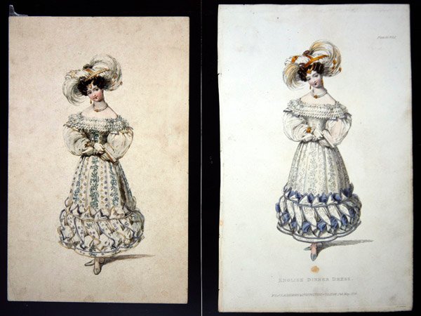Skiss och tryck av en modetallrik, ca 1829 (penna & akvarell på papper och handkolorerad gravyr) av John Samuel Agar