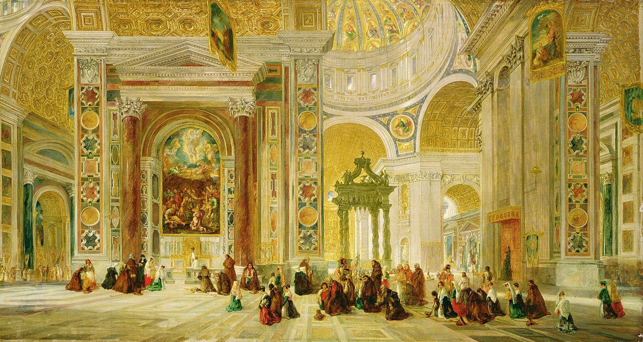 Interiören i Peterskyrkan, Rom (olja på duk) av John Scarlett Davis