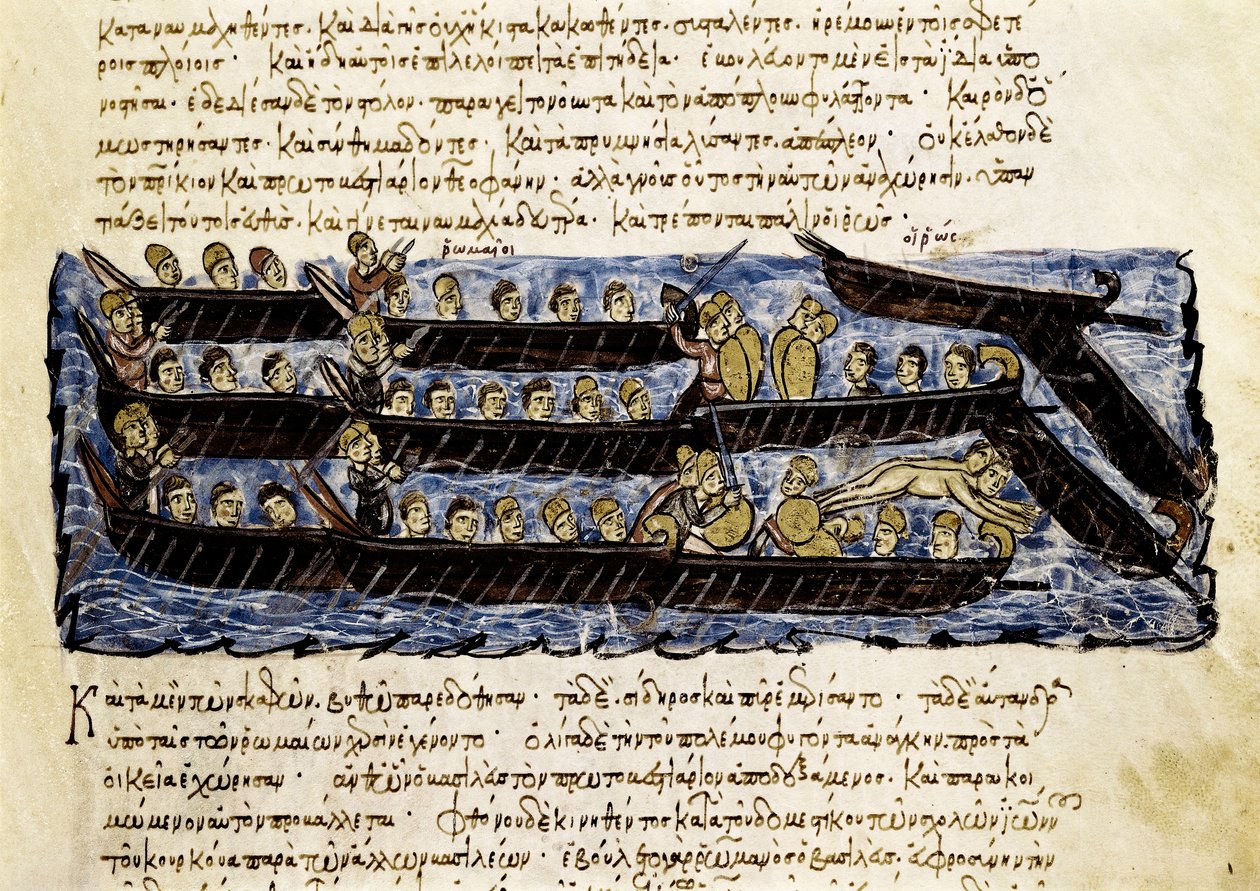 En rysk flotta, miniatyr från "Synopsis historiarum", ca 1126-1150 av John Scylitzes